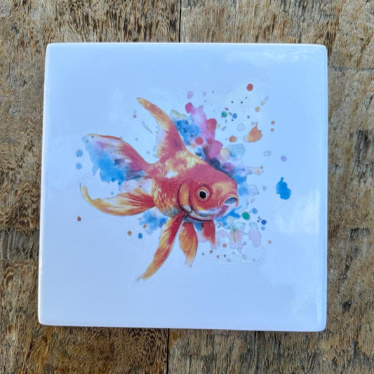 Tegeltje: Aquarel Moderne stijl Fish / goudvis – 10x10cm rondom afgewerkt
