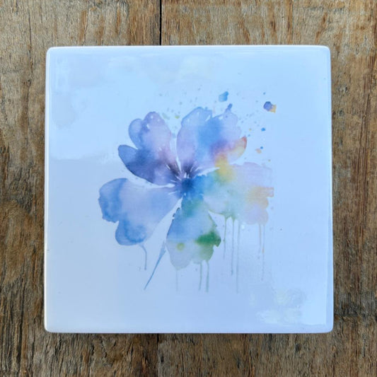 Tegeltje: Aquarel Moderne stijl Bloem Blauw – 10x10cm rondom afgewerkt