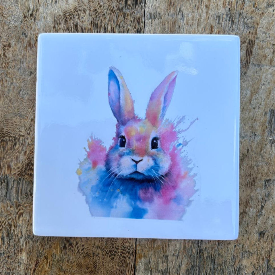 Tegeltje: Aquarel Moderne stijl konijn – 10x10cm rondom afgewerkt